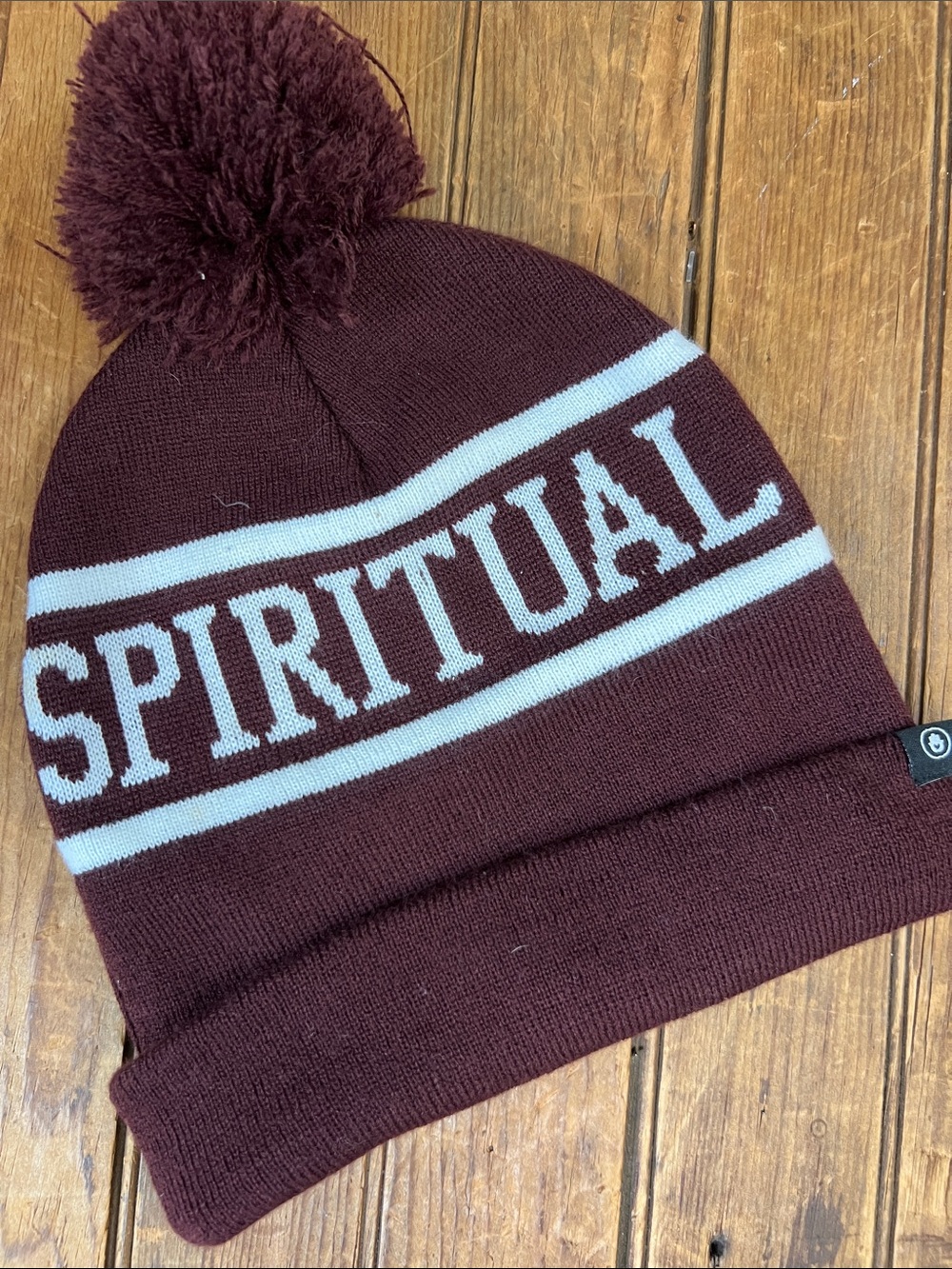 Spiritual Gangster Knit Pom Beanie hat Maroon and White